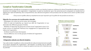 La transformation culturelle est un processus sur plusieurs années, qui cherche à mettre en cohérence la culture (l’ensemble de valeurs et compor-
tements) et la stratégie d’une organisation. L’organisation ne peut se transformer que si les personnes qui la composent se transforment et
alignent leur style de leadership, leurs comportements, leurs décisions de gestion et les processus avec les valeurs de la culture qu’elles souhai-
tent créer.
« Qui je suis et quelles valeurs je représente est aussi important que la qualité de mes produits et services. »
Objectifs d’un processus de transformation culturelle:
· Développer une culture qui est le moteur de la stratégie.
· Définir le style de leadership qui répond aux défis de l’organisation et aux
demandes des différents groupes d’intérêts.
· Mobiliser et rapprocher les personnes à travers toute l’organisation autour d’un
projet commun et significatif. Renforcer leur engagement et l’appropriation des
valeurs de l’organisation.
· Améliorer la performance des équipes.
· Faire la différence vis-à-vis des groupes d’intérêts de l’organisation.
Méthodologie:
1.Diagnostics culturels avec Barrett Analytics:
Ces outils rendent tangibles la culture (ensemble de valeurs/comportements) actuelle
et la culture nécessaire de l’organisation / des équipes. Le résultat met en relief les
points forts et limitations actuels et indique les aspects à prioriser afin d’atteindre tout
le potentiel.
7
6
5
4
3
2
1
Modèle des 7 niveaux de conscience
organisationnelle de Richard Barrett.
Alliances
Contribución
Cohésion
Evolution
Performance
Bien
commun
Intérêts
personnels
Relations
Viabilité
 