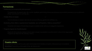 · Habilidades de comunicación inter-personal
Competencias conversacionales: dar y recibir feedback; peticiones y ofertas para alcanzar compromisos concretos y una coordinación
eficaz; comunicación no violenta, etc.
· Trabajo eﬁcaz en equipo
Toma de decisión en equipo; técnicas de reuniones eficaces; gestión de conflictos, etc.
· Seminario ¿Cómo liderar organizaciones impulsadas por un Propósito y Valores compartidos?
Tomando como base el Modelo Barrett para la transformación cultural y la Indagación Apreciativa.
· Programa Agente de Transformación:
Desarrollo del potencial y talento interno para impulsar y acompañar la transformación cultural de la organización.
Programa de desarrollo de Liderazgo interno.
Diseñamos formaciones ad hoc para cada cliente ajustando la temática, duración y frecuencia a sus necesidades.
Modalidad: Presencial y online según el tipo de intervención.
 