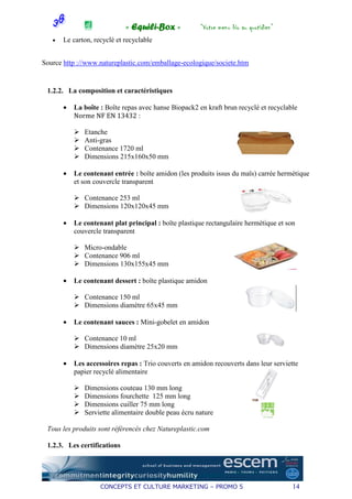 « Equili-Box »            “Votre menu bio au quotidien”
   •   Le carton, recyclé et recyclable


Source http ://www.natureplastic.com/emballage-ecologique/societe.htm


 1.2.2. La composition et caractéristiques

       •   La boîte : Boîte repas avec hanse Biopack2 en kraft brun recyclé et recyclable
           Norme NF EN 13432 :

              Etanche
              Anti-gras
              Contenance 1720 ml
              Dimensions 215x160x50 mm

       •   Le contenant entrée : boîte amidon (les produits issus du maïs) carrée hermétique
           et son couvercle transparent

              Contenance 253 ml
              Dimensions 120x120x45 mm

       •   Le contenant plat principal : boîte plastique rectangulaire hermétique et son
           couvercle transparent

              Micro-ondable
              Contenance 906 ml
              Dimensions 130x155x45 mm

       •   Le contenant dessert : boîte plastique amidon

              Contenance 150 ml
              Dimensions diamètre 65x45 mm

       •   Le contenant sauces : Mini-gobelet en amidon

              Contenance 10 ml
              Dimensions diamètre 25x20 mm

       •   Les accessoires repas : Trio couverts en amidon recouverts dans leur serviette
           papier recyclé alimentaire

              Dimensions couteau 130 mm long
              Dimensions fourchette 125 mm long
              Dimensions cuiller 75 mm long
              Serviette alimentaire double peau écru nature

 Tous les produits sont référencés chez Natureplastic.com

 1.2.3. Les certifications




                    CONCEPTS ET CULTURE MARKETING – PROMO 5                            14
 
