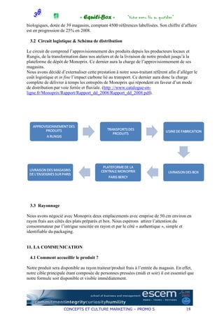 « Equili-Box »             “Votre menu bio au quotidien”
biologiques, dotée de 39 magasins, comptant 4500 références labellisées. Son chiffre d’affaire
est en progression de 25% en 2008.

 3.2 Circuit logistique & Schéma de distribution

Le circuit de comprend l’approvisionnement des produits depuis les producteurs locaux et
Rungis, de la transformation dans nos ateliers et de la livraison de notre produit jusqu’à la
plateforme de dépôt de Monoprix. Ce dernier aura la charge de l’approvisionnement de ses
magasins.
Nous avons décidé d’externaliser cette prestation à notre sous-traitant référent afin d’alléger le
coût logistique et in fine l’impact carbone lié au transport. Ce dernier aura donc la charge
complète de délivrer à temps les entrepôts de Monoprix qui répondent en faveur d’un mode
de distribution par voie ferrée et fluviale. (http ://www.catalogue-en-
ligne.fr/Monoprix/Rapport/Rapport_dd_2008/Rapport_dd_2008.pdf).




 3.3 Rayonnage

Nous avons négocié avec Monoprix deux emplacements avec emprise de 50 cm environ en
rayon frais aux côtés des plats préparés et box. Nous espérons attirer l’attention du
consommateur par l’intrigue suscitée en rayon et par le côté « authentique », simple et
identifiable du packaging.


11. LA COMMUNICATION

 4.1 Comment accueillir le produit ?

Notre produit sera disponible au rayon traiteur/produit frais à l’entrée du magasin. En effet,
notre cible principale étant composée de personnes pressées (midi et soir) il est essentiel que
notre formule soit disponible et visible immédiatement.




                     CONCEPTS ET CULTURE MARKETING – PROMO 5                               18
 