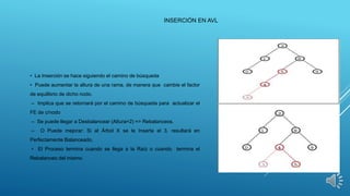 INSERCIÓN EN AVL
• La Inserción se hace siguiendo el camino de búsqueda
• Puede aumentar la altura de una rama, de manera que cambie el factor
de equilibrio de dicho nodo.
– Implica que se retornará por el camino de búsqueda para actualizar el
FE de c/nodo
– Se puede llegar a Desbalancear (Altura=2) => Rebalanceos.
– O Puede mejorar: Si al Árbol X se le Inserta el 3, resultará en
Perfectamente Balanceado.
• El Proceso termina cuando se llega a la Raíz o cuando termina el
Rebalanceo del mismo.
 