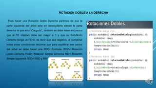 ROTACIÓN DOBLE A LA DERECHA
Para hacer una Rotación Doble Derecha partimos de que la
parte izquierda del árbol esta en desequilibrio siendo la parte
derecha la que esta “Cargada”, también se debe tener encuentra
que el FE objetivo debe ser mayor a 1 y que su Sub-Nodo
Derecho tenga un FE<0, es decir que sea negativo, al cumplirse
todas estas condiciones decimos que para equilibrar ese sector
del árbol se debe hacer una RDD. Formula: RDD= Rotación
Doble Derecha RSD= Rotación Simple Derecha RSI= Rotación
Simple Izquierda RDD= RSD y RSI
 