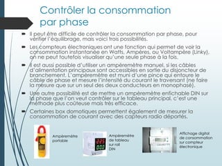 Contrôler la consommation
par phase
 Il peut être difficile de contrôler la consommation par phase, pour
vérifier l’équilibrage, mais voici trois possibilités.
 Les compteurs électroniques ont une fonction qui permet de voir la
consommation instantanée en Watts, Ampères, ou Voltampère (Linky),
on ne peut toutefois visualiser qu’une seule phase à la fois.
 Il est aussi possible d’utiliser un ampèremètre manuel, si les câbles
d’alimentation principaux sont accessibles en sortie du disjoncteur de
branchement. L’ampèremètre est muni d’une pince qui entoure le
câble de phase et mesure l’intensité du courant le traversant (ne faire
la mesure que sur un seul des deux conducteurs en monophasé).
 Une autre possibilité est de mettre un ampèremètre enfichable DIN sur
la phase que l’on veut contrôler sur le tableau principal, c’est une
méthode plus coûteuse mais très efficace.
 Certaines box domotiques permettent également de mesurer la
consommation de courant avec des capteurs radio déportés.
Ampèremètre
portable
Ampèremètre
de tableau
sur rail
DIN
Affichage digital
de consommation
sur compteur
électronique
 