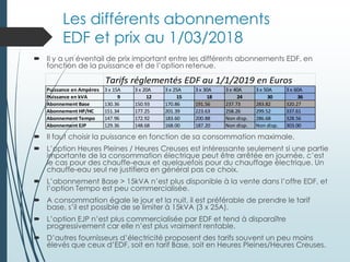 Les différents abonnements
EDF et prix au 1/03/2018
 Il y a un éventail de prix important entre les différents abonnements EDF, en
fonction de la puissance et de l’option retenue.
 Il faut choisir la puissance en fonction de sa consommation maximale.
 L’option Heures Pleines / Heures Creuses est intéressante seulement si une partie
importante de la consommation électrique peut être arrêtée en journée, c’est
le cas pour des chauffe-eaux et quelquefois pour du chauffage électrique. Un
chauffe-eau seul ne justifiera en général pas ce choix.
 L’abonnement Base > 15kVA n’est plus disponible à la vente dans l’offre EDF, et
l’option Tempo est peu commercialisée.
 A consommation égale le jour et la nuit, il est préférable de prendre le tarif
base, s’il est possible de se limiter à 15kVA (3 x 25A).
 L’option EJP n’est plus commercialisée par EDF et tend à disparaître
progressivement car elle n’est plus vraiment rentable.
 D’autres fournisseurs d’électricité proposent des tarifs souvent un peu moins
élevés que ceux d’EDF, soit en tarif Base, soit en Heures Pleines/Heures Creuses.
Tarifs réglementés EDF au 1/1/2019 en Euros
Puissance en Ampères 3 x 15A 3 x 20A 3 x 25A 3 x 30A 3 x 40A 3 x 50A 3 x 60A
Puissance en kVA 9 12 15 18 24 30 36
Abonnement Base 130.36 150.93 170.86 191.56 237.73 283.82 320.27
Abonnement HP/HC 151.34 177.25 201.39 223.63 258.26 299.52 337.61
Abonnement Tempo 147.96 172.92 183.60 200.88 Non disp. 286.68 328.56
Abonnement EJP 129.36 148.68 168.00 187.20 Non disp. Non disp. 303.00
 