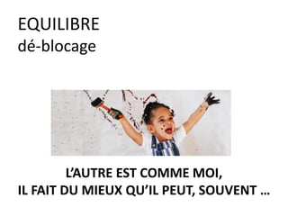 EQUILIBRE
dé-blocage
L’AUTRE EST COMME MOI,
IL FAIT DU MIEUX QU’IL PEUT, SOUVENT …
 