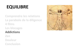 EQUILIBRE
Comprendre les relations
La parabole de la diligence
4 films
Les blocages
Addictions
Zen
Douleur
Conclusion
 