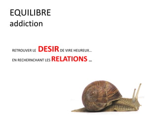 EQUILIBRE
addiction
RETROUVER LE DESIRDE VIRE HEUREUX…
EN RECHERNCHANT LES RELATIONS …
 