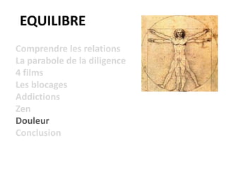 EQUILIBRE
Comprendre les relations
La parabole de la diligence
4 films
Les blocages
Addictions
Zen
Douleur
Conclusion
 
