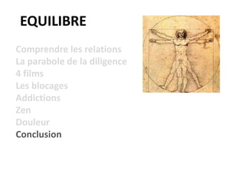 EQUILIBRE
Comprendre les relations
La parabole de la diligence
4 films
Les blocages
Addictions
Zen
Douleur
Conclusion
 