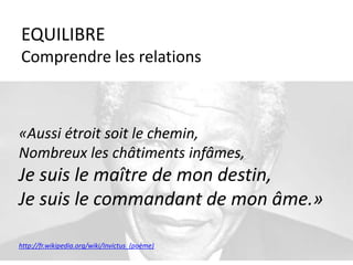 EQUILIBRE
Comprendre les relations
«Aussi étroit soit le chemin,
Nombreux les châtiments infâmes,
Je suis le maître de mon destin,
Je suis le commandant de mon âme.»
http://fr.wikipedia.org/wiki/Invictus_(poème)
 