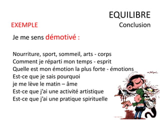 EXEMPLE
Je me sens démotivé :
Nourriture, sport, sommeil, arts - corps
Comment je réparti mon temps - esprit
Quelle est mon émotion la plus forte - émotions
Est-ce que je sais pourquoi
je me lève le matin – âme
Est-ce que j’ai une activité artistique
Est-ce que j’ai une pratique spirituelle
EQUILIBRE
Conclusion
 