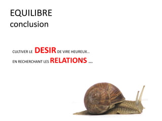 EQUILIBRE
conclusion
CULTIVER LE DESIRDE VIRE HEUREUX…
EN RECHERCHANT LES RELATIONS …
 