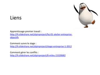 Apprentissage-premier travail :
http://fr.slideshare.net/alpinproject/faj-01-atelier-entreprise-
objectifs
Comment suivre le stage :
http://fr.slideshare.net/alpinproject/stage-entreprise-1-2012
Comment gérer les conflits :
http://fr.slideshare.net/alpinproject/8-miles-15320682
Liens
 