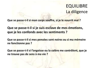 Que se passe-t-il si mon corps souffre, si je le nourrit mal ?
Que se passe-t-il si je suis esclave de mes émotions,
que je les confonds avec les sentiments ?
Que se passe-t-il si mes pensées sont noires ou si ma mémoire
ne fonctionne pas ?
Que se passe-t-il si l’angoisse ou la colère me contrôlent, que je
ne trouve pas de sens à ma vie ?
EQUILIBRE
La diligence
 