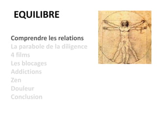EQUILIBRE
Comprendre les relations
La parabole de la diligence
4 films
Les blocages
Addictions
Zen
Douleur
Conclusion
 
