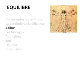 EQUILIBRE
Comprendre les relations
La parabole de la diligence
4 films
Les blocages
Addictions
Zen
Douleur
Conclusion
 