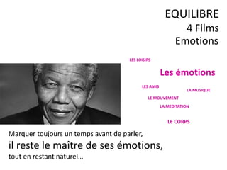 Emotions
EQUILIBRE
4 Films
Marquer toujours un temps avant de parler,
il reste le maître de ses émotions,
tout en restant naturel…
LE CORPS
LES LOISIRS
Les émotions
LES AMIS
LA MUSIQUE
LE MOUVEMENT
LA MEDITATION
 