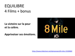 EQUILIBRE
4 Films + bonus
La victoire sur la peur
et la colère.
Apprivoiser ses émotions.
https://www.slideshare.net/alpinproject/8-miles-15320682
 
