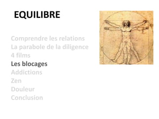 EQUILIBRE
Comprendre les relations
La parabole de la diligence
4 films
Les blocages
Addictions
Zen
Douleur
Conclusion
 
