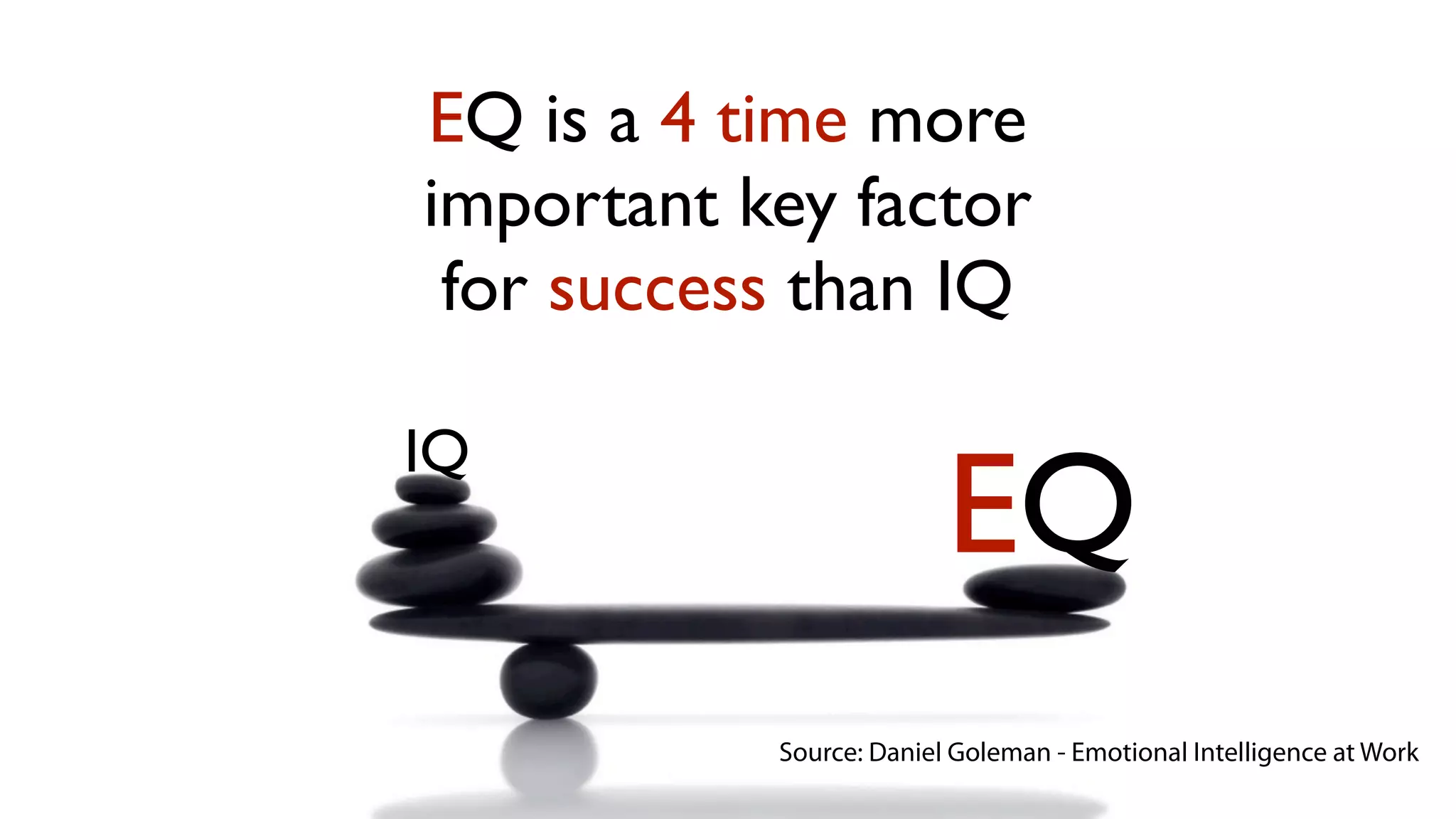 EQ is a 4 time more
important key factor
 for success than IQ

IQ
                         EQ
           Source: Daniel Goleman - Emotional Intelligence at Work
 