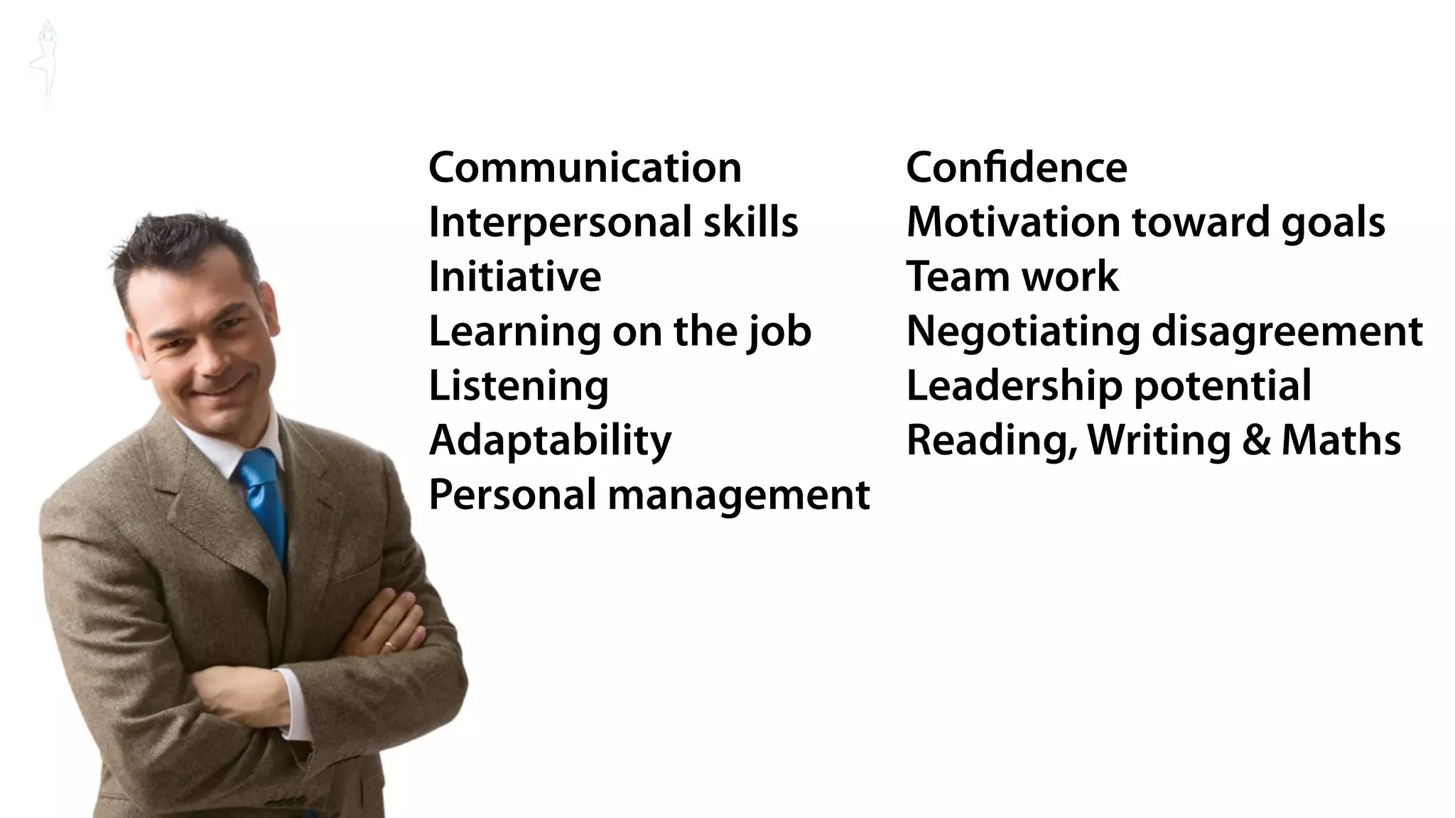 Communication          Con dence
Interpersonal skills   Motivation toward goals
Initiative             Team work
Learning on the job    Negotiating disagreement
Listening              Leadership potential
Adaptability           Reading, Writing & Maths
Personal management
 