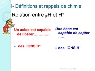 Relation entre PH et H+
Un acide est capable
de libérer………….
 des IONS H+
Une base est
capable de capter
……
 des IONS H+
I- Définitions et rappels de chimie
4Franck Rencurel 2020
 