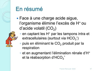 En résumé
 Face à une charge acide aigue,
l’organisme élimine l’excès de H+ ou
d’acide volatil (CO2)
◦ en captant les H+ par les tampons intra et
extracellulaires (surtout via HCO3
-)
◦ puis en éliminant le CO2 produit par la
respiration
◦ et en augmentant l’élimination rénale d’H+
et la réabsorption d’HCO3
-
47Franck Rencurel 2020
 