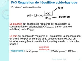 Le poumon est capable de réguler le pH en ajustant la
concentration en acide volatil [CO2dissous] par un contrôle
(cérébral) de la PaCO2.
Le rein est capable de réguler le pH en ajustant la concentration
en acide fixe par un contrôle de la concentration [HCO3
-] en
bicarbonates grâce à une élimination adéquate de H+ dans les
urines :
mécanisme : (CO2)plasma (HCO3
-)plasma + (H+)urine
rein
poumon
 
CO2
3
aP
HCO
log6,1pH


IV-3 Régulation de l’équilibre acido-basique
Equation d’Henderson-Hasselbach
anhydrase
carbonique
49Franck Rencurel 2020
 
