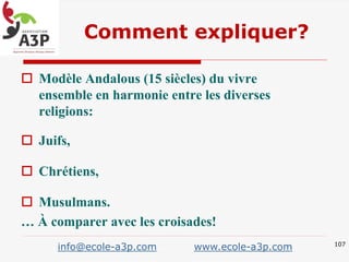  Modèle Andalous (15 siècles) du vivre
ensemble en harmonie entre les diverses
religions:
 Juifs,
 Chrétiens,
 Musulmans.
… À comparer avec les croisades!
Comment expliquer?
107
info@ecole-a3p.com www.ecole-a3p.com
 