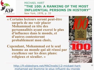 MICHAEL HART
“THE 100: A RANKING OF THE MOST
INFLUENTIAL PERSONS IN HISTORY”
New York, 1978, p. 33
« Certains lecteurs seront peut-être
surpris de me voir placer
Mohammad en tête des
personnalités ayant exercé le plus
d'influence dans le monde, et
d'autres contesteront
probablement mon choix.
Cependant, Mohammad est le seul
homme au monde qui ait réussi par
excellence sur les deux plans:
religieux et séculier. »
12
http://fr.slideshare.net/MAChraibi/12-mickael-hart-
mohamed-psl-lhomme-le-plus-influent-du-monde
 