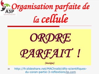 Organisation parfaite de
la cellule
39
ORDRE
PARFAIT !
(musique)
http://fr.slideshare.net/MAChraibi/dfis-scientifiques-
du-coran-partie-3-reflextions3p.com
 