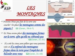 LES
MONTAGNES
43
N'avons-Nous pas fait de la terre une
couche? Et placé les montagnes comme des
piquets ?  (Coran, 78:6-7)
 Et Nous avons placé des montagnes fermes
sur la terre, afin qu'elle ne s'ébranle pas
(Coran, 21:31)
 Il a créé les cieux sans piliers que vous puissiez
voir; et Il a enfoncé des montagnes
fermes dans la terre pour l'empêcher de
basculer avec vous (Coran, 31:10)
 