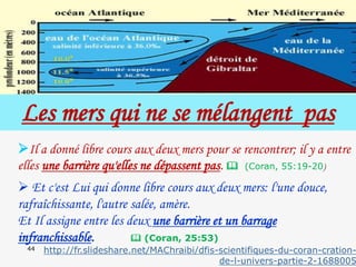 44
Les mers qui ne se mélangent pas
Il a donné libre cours aux deux mers pour se rencontrer; il y a entre
elles une barrière qu'elles ne dépassent pas.  (Coran, 55:19-20)
 Et c'est Lui qui donne libre cours aux deux mers: l'une douce,
rafraîchissante, l'autre salée, amère.
Et Il assigne entre les deux une barrière et un barrage
infranchissable.  (Coran, 25:53)
http://fr.slideshare.net/MAChraibi/dfis-scientifiques-du-coran-cration-
de-l-univers-partie-2-1688005
 