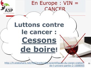 En Europe : VIN =
CANCER
50
Luttons contre
le cancer :
Cessons
de boire!
http://fr.slideshare.net/MAChraibi/dfis-scientifiques-du-coran-cration-
de-l-univers-partie-2-1688005
 