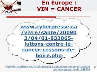 www.cyberpresse.ca
/vivre/sante/20090
3/04/01-833065-
luttons-contre-le-
cancer-cessons-de-
boire.php
54
En Europe :
VIN = CANCER
http://fr.slideshare.net/MAChraibi/dfis-scientifiques-du-coran-cration-
de-l-univers-partie-2-1688005
 
