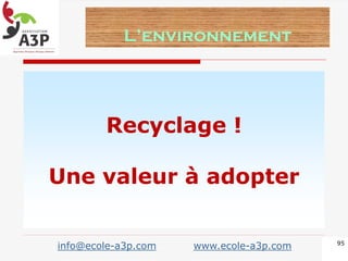 Recyclage !
Une valeur à adopter
L’environnement
95
info@ecole-a3p.com www.ecole-a3p.com
 