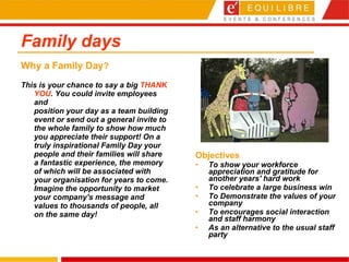 Family days Why a Family Day ? This is your chance to say a big  THANK YOU . You could invite employees and  position your day as a team building event or send out a general invite to the whole family to show how much you appreciate their support! On a truly inspirational Family Day your people and their families will share a fantastic experience, the memory of which will be associated with your organisation for years to come. Imagine the opportunity to market your company's message and values to thousands of people, all on the same day!  Objectives   To show your workforce appreciation and gratitude for another years' hard work To celebrate a large business win To Demonstrate the values of your company To encourages social interaction and staff harmony As an alternative to the usual staff party 