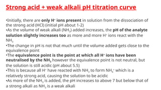 Strong acid + weak alkali pH titration curve
•Initially, there are only H+
ions present in solution from the dissociation of
the strong acid (HCl) (initial pH about 1-2)
•As the volume of weak alkali (NH3) added increases, the pH of the analyte
solution slightly increases too as more and more H+
ions react with the
NH3
•The change in pH is not that much until the volume added gets close to the
equivalence point
•The equivalence point is the point at which all H+
ions have been
neutralised by the NH3 however the equivalence point is not neutral, but
the solution is still acidic (pH about 5.5)
•This is because all H+
have reacted with NH3 to form NH4
+
which is a
relatively strong acid, causing the solution to be acidic
•As more of the NH3 is added, the pH increases to above 7 but below that of
a strong alkali as NH3 is a weak alkali
 