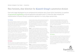 New horizons, clear direction for Kunech Group’s automotive division
From early stage development as an entrepreneurial enterprise and a future full of uncertainty, to a position
of guaranteed profitability across all operations and assets worth 12 times the value invested, the
transformation of Kunech Group’s automotive operation is a truly unique success story.
The Challenge
With increasing importation regulations, currency exchange
instability, highly competitive markets squeezing profitability
and a sales team failing to grow sustainable revenue streams,
Kunech Group’s various performance issues were quickly
challenging the organization’s outlook.
A family owned business with interests on 4 continents and
operations within the automotive, hospitality, construction, oil
& gas, ICT and import/export sectors, Kunech Group enlisted the
support of Nicholas Ledingham as new Group COO, tasked with
the development of the entire organization.
Following a strategic review, it became clear to Nick that
a multi-level approach would be required to capitalize on
market developments and a 5-year growth plan for the group
automotive interests was designed to diversify risk, increase
ROCE and uniquely position the business in the market to
pursue long-term investor returns.
The Solution
With Nick’s direction and compelling management style, 4 key
areas of activity were undertaken in succession, to deliver a
comprehensive solution to the issues Kunech Group was facing.
Stage 1 – began with the rationalization of the various
automotive offerings, focusing on brands where a competitive
advantage could be leveraged in the short and medium term
through principle relations, market positioning for dominance
and negotiating an investment strategy that enjoined the
principle in the success and profitability of the venture.
This entailed development of new brands in an architecture
that could be franchised in the future, plus the finalization
of negotiations for a master franchise for an international
aftermarket leader.
Stage 2 – saw the development and roll-out of a multi-
site aftermarket repair network, well positioned for future
franchising across Africa and the Levant. This aftermarket
structure enabled diversification outside of the core market,
created opportunity for massive scale in parts and consumables
distribution and provided supplemental income through
franchising revenues and fees. Additionally, positioning
strategies were designed for of each of the core automotive
offerings, followed by integrated brand development programs,
laying the foundation for market leadership for the group.
On the back of this foundation, vehicle sales agencies were
negotiated at preferential terms that would guarantee
government / parastatal volumes which in turn delivers
predictable profitability.
Stage 3 – entailed the recruitment and development of
commercially and culturally aligned management and sales
teams to grow the individual aspects of the organization
in a sustainable manner. Through careful pre-selection, use
of predictive and psychometric assessments, use of group
interview processes and weighted performance related
remuneration, the highest calibre of talent available was
attracted into the African operations to participate in the
venture, affording them substantial opportunity to pursue their
own career & wealth development.
Stage 4 – delivered increased capability to the new teams
through ERP systems, documented policy and procedure as
well as structured training programs designed to empower
staff to act and make the right decisions in pursuing new
business. Through a mix of online and face-to-face sales
training workshops, performances levels sky-rocketed and net
departmental deliverables were able to meet targeted values.
The Outcome
Kunech stakeholders now enjoy IP assets (in brand rights) worth
12x the value invested, a distribution network for automotive
parts and accessories grown from zero to $25M in revenue
in less than 2 years, and a vehicle brand platform that has
a 10 year guaranteed annual revenue of 9x the first year’s
investment – all successfully managed by new teams capable of
the day-to-day leadership of the segments of the business that
did not exist before.
Nicholas Ledingham / Case Study 1 – Automotive
 