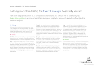 Nicholas Ledingham / Case Study 3 – Hospitality
Building market leadership for Kunech Group’s hospitality venture
From early stage development as an entrepreneurial enterprise and a future full of uncertainty, to a
leadership position in an emerging and fast developing hospitality sector with a pipeline of outstanding
landmark projects.
The Challenge
With a partially built 4-star Hotel property, another closed
3-star motel and a land-bank for future builds, new energy
needed to be brought in to the definition of a robust hospitality
strategy that capitalized on the market opportunity and
positioned the offering for future strength and growth.
The Solution
With Nick’s direction and compelling management style, 5 key
areas of activity were undertaken in succession, to deliver a
comprehensive solution to the issues Kunech Group was facing.
Stage 1 – began with a market review of growth potential
and current provision, such that a suitable strategy could be
developed. The strategy was then developed to re-position the
existing projects and plan future roll-outs to build a strong
platform for growth. The strategy entailed the planning and
build of a portfolio of food & beverage outlets that could be
scaled outside of the hotels, giving economies of scale and
brand presence.
Stage 2 – saw the rationalizing of the relationship with
Wyndham Hotels (Ramada) and Corinthia Hotels to better
position the main project to be a full 5-star resort and re-
working of the project management and planning functions to
produce a tight delivery schedule for the finished product. The
re-planning and re-design allowed the projected yield of the
property to be increased by 125% and de-risk the room revenue
exposure.
Stage 3 – entailed the resolution of interior design and
procurement systems to reduce the cost-base of providing
an increased quality of product, by design and build sub-
contracting to China and employment of specialist contractors
from Europe to deliver on-site in Africa to international
standards.
Stage 4 – delivered the formal positioning, branding and
marketing infrastructure necessary to build the new hotel
resort, establish strong master franchises for the F&B outlets,
plus position the group for the pipeline of complimentary
hotels to follow on strategically important land-bank.
Stage 5 – entailed the recruitment and development of
commercially and culturally aligned management and sales
teams to grow the individual aspects of the organization
in a sustainable manner. Through careful pre-selection, use
of predictive and psychometric assessments, use of group
interview processes and weighted performance related
remuneration, the highest calibre of talent available was
attracted into the African operations to participate in the
venture, affording them substantial opportunity to pursue their
own career & wealth development.
The Outcome
Kunech stakeholders now enjoy IP assets (in brand rights) worth
approximately 22x the value invested, a brand portfolio of
F&B outlets, and an emerging 5-star anchor Hotel project that
has an annual projected revenue that gives a 6-year payback
on funds employed – all successfully managed by new teams
capable of the day-to-day leadership of the business that did
not exist before.
.
 