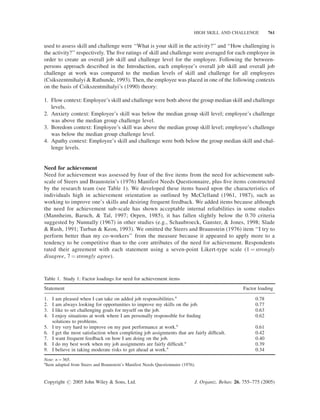 HIGH SKILL AND CHALLENGE           761


used to assess skill and challenge were ‘‘What is your skill in the activity?’’ and ‘‘How challenging is
the activity?’’ respectively. The ﬁve ratings of skill and challenge were averaged for each employee in
order to create an overall job skill and challenge level for the employee. Following the between-
persons approach described in the Introduction, each employee’s overall job skill and overall job
challenge at work was compared to the median levels of skill and challenge for all employees
(Csikszentmihalyi & Rathunde, 1993). Then, the employee was placed in one of the following contexts
on the basis of Csikszentmihalyi’s (1990) theory:

1. Flow context: Employee’s skill and challenge were both above the group median skill and challenge
   levels.
2. Anxiety context: Employee’s skill was below the median group skill level; employee’s challenge
   was above the median group challenge level.
3. Boredom context: Employee’s skill was above the median group skill level; employee’s challenge
   was below the median group challenge level.
4. Apathy context: Employee’s skill and challenge were both below the group median skill and chal-
   lenge levels.


Need for achievement
Need for achievement was assessed by four of the ﬁve items from the need for achievement sub-
scale of Steers and Braunstein’s (1976) Manifest Needs Questionnaire, plus ﬁve items constructed
by the research team (see Table 1). We developed these items based upon the characteristics of
individuals high in achievement orientation as outlined by McClelland (1961, 1987), such as
working to improve one’s skills and desiring frequent feedback. We added items because although
the need for achievement sub-scale has shown acceptable internal reliabilities in some studies
(Mannheim, Baruch, & Tal, 1997; Orpen, 1985), it has fallen slightly below the 0.70 criteria
suggested by Nunnally (1967) in other studies (e.g., Schaubroeck, Ganster, & Jones, 1998; Slade
& Rush, 1991; Turban & Keon, 1993). We omitted the Steers and Braunstein (1976) item ‘‘I try to
perform better than my co-workers’’ from the measure because it appeared to apply more to a
tendency to be competitive than to the core attributes of the need for achievement. Respondents
rated their agreement with each statement using a seven-point Likert-type scale (1 ¼ strongly
disagree, 7 ¼ strongly agree).


Table 1. Study 1: Factor loadings for need for achievement items
Statement                                                                                           Factor loading

1.   I am pleased when I can take on added job responsibilities.a                                         0.78
2.   I am always looking for opportunities to improve my skills on the job.                               0.77
3.   I like to set challenging goals for myself on the job.                                               0.63
4.   I enjoy situations at work where I am personally responsible for ﬁnding                              0.62
     solutions to problems.
5.   I try very hard to improve on my past performance at work.a                                          0.61
6.   I get the most satisfaction when completing job assignments that are fairly difﬁcult.                0.42
7.   I want frequent feedback on how I am doing on the job.                                               0.40
8.   I do my best work when my job assignments are fairly difﬁcult.a                                      0.39
9.   I believe in taking moderate risks to get ahead at work.a                                            0.34
Note: n ¼ 365.
a
 Item adapted from Steers and Braunstein’s Manifest Needs Questionnaire (1976).


Copyright # 2005 John Wiley & Sons, Ltd.                                      J. Organiz. Behav. 26, 755–775 (2005)
 