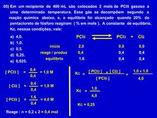 05) Em  um recipiente  de  400 mL  são  colocados  2  mols de  PCl 5  gasoso  a uma  determinada  temperatura.  Esse  gás  se  decompõem  segundo  a reação  química  abaixo,  e,  o  equilíbrio  foi  alcançado  quando  20%  do pentacloreto de fósforo reagiram  ( % em mols ).  A constante  de equilíbrio, Kc, nessas condições, vale: a)  4,0. b)  1,0. c)  0,5. d)  0,25. e)  0,025. PCl 5 PCl 3   +  Cl 2 início 2,0  0,0  0,0  reage / produz 0,4  Reage : n = 0,2  x  2 =  0,4 mol 0,4  0,4  0,4  0,4  1,6   equilíbrio [ PCl 5  ]  [ PCl 3  ]  [ Cl 2  ]  =  0,4 0,4  = 1,0 M =  0,4 0,4  = 1,0 M =  1,6 0,4  = 4,0 M =  K C x [ PCl 5  ]  [ PCl 3  ]  [ Cl 2  ]  1,0  x  1,0 4,0 =  =  K C 4,0 1,0 K C  = 0,25 