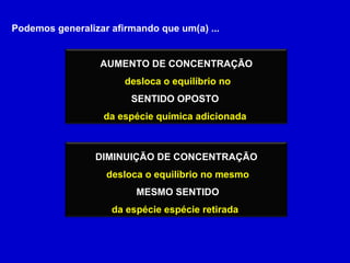 Podemos generalizar afirmando que um(a) ... AUMENTO DE CONCENTRAÇÃO desloca o equilíbrio no SENTIDO OPOSTO   da espécie química adicionada   DIMINUIÇÃO DE CONCENTRAÇÃO desloca o equilíbrio no mesmo MESMO SENTIDO da espécie espécie retirada   