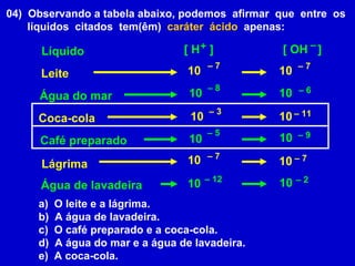 04)  Observando a tabela abaixo, podemos  afirmar  que  entre  os líquidos  citados  tem(êm)  caráter  ácido  apenas:  Líquido Leite Água do mar Coca-cola Café preparado Lágrima Água de lavadeira 10 –  7 10 –  7 10 –  8 10 –  3 10 –  5 10 –  12 [ H  ]  [ OH  ]  + – 10 –  7 10 –  7 10 –  6 10 –  11 10 –  9 10 –  2 a)  O leite e a lágrima. b)  A água de lavadeira. c)  O café preparado e a coca-cola. d)  A água do mar e a água de lavadeira. e)  A coca-cola. 