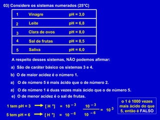 03) Considere os sistemas numerados (25°C) pH = 6,0 Saliva 5 pH = 8,5 Sal de frutas 4 pH = 8,0 Clara de ovos 3 pH = 6,8 Leite 2 pH = 3,0 Vinagre 1 A respeito desses sistemas, NÃO podemos afirmar: a)  São de caráter básico os sistemas 3 e 4. b)  O de maior acidez é o número 1. O de número 5 é mais ácido que o de número 2. O de número 1 é duas vezes mais ácido que o de número 5. e)  O de menor acidez é o sal de frutas. 1 tem pH = 3 [ H  ]  + = 10 –  3 =  10 –  6 10 –  3 10 3 o 1 é 1000 vezes mais ácido do que 5, então é  FALSO 5 tem pH = 6 [ H  ]  + = 10 –  6 
