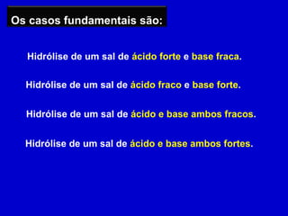 Hidrólise de um sal de  ácido e base ambos fracos . Hidrólise de um sal de  ácido forte  e  base fraca . Hidrólise de um sal de  ácido fraco  e  base forte . Hidrólise de um sal de  ácido e base ambos fortes . Os casos fundamentais são: 