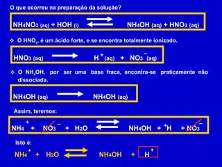 O que ocorreu na preparação da solução? NH 4 NO 3   (aq)  + HOH  (l)  NH 4 OH  (aq)  + HNO 3   (aq) O HNO 3 , é um ácido forte, e se encontra totalmente ionizado. HNO 3   (aq)  H  (aq)   +  NO 3   (aq) + – O  NH 4 OH,  por  ser  uma  base  fraca,  encontra-se  praticamente  não dissociada. NH 4 OH  (aq)   NH 4 OH  (aq)   Assim, teremos: NH 4  +   NO 3   +  H 2 O   NH 4 OH  +  H  + NO 3 + – + – Isto é: NH 4  +   H 2 O   NH 4 OH  +  H + + 