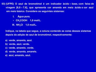 03) (UFPE)  O  azul  de  bromotimol  é  um  indicador  ácido – base, com  faixa de viragem  [6,0 – 7,6],  que  apresenta  cor  amarela  em  meio  ácido e cor  azul em meio básico. Considere os seguintes sistemas: Água pura. CH 3 COOH  1,0 mol/L. III.  NH 4 Cl  1,0 mol/L. Indique, na tabela que segue, a coluna contendo as cores desses sistemas depois da adição de azul de bromotimol, respectivamente: verde, amarela, azul. verde, azul, verde. verde, amarelo, verde. verde, amarela, amarelo. azul, amarelo, azul. 