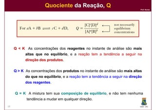 Quociente da Reação, Q
                                                                              Prof. Nunes




     Q < K As concentrações dos reagentes no instante de análise são mais
           altas que no equilíbrio, e a reação tem a tendência a seguir na
                        equilíbrio
           direção dos produtos.
                       produtos


     Q > K As concentrações dos produtos no instante de análise são mais altas
           do que no equilíbrio, e a reação tem a tendência a seguir na direção
                     equilíbrio,
           dos reagentes.
               reagentes


     Q = K A mistura tem sua composição de equilíbrio, e não tem nenhuma
                                           equilíbrio
            tendência a mudar em qualquer direção.
19                                                                            DQOI - UFC
 