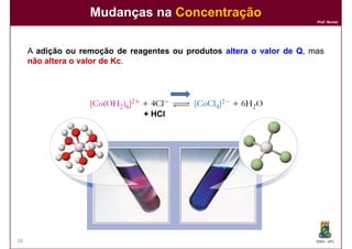 Mudanças na Concentração
                                                                        Prof. Nunes




     A adição ou remoção de reagentes ou produtos altera o valor de Q, mas
     não altera o valor de Kc.
                           Kc




                                + HCl




28                                                                      DQOI - UFC
 
